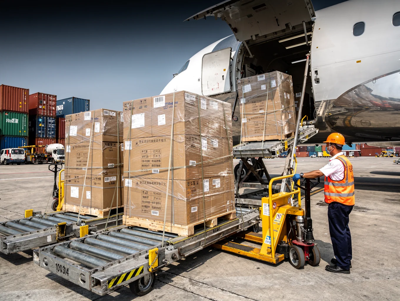 Air cargo freight loading on airport tarmac.