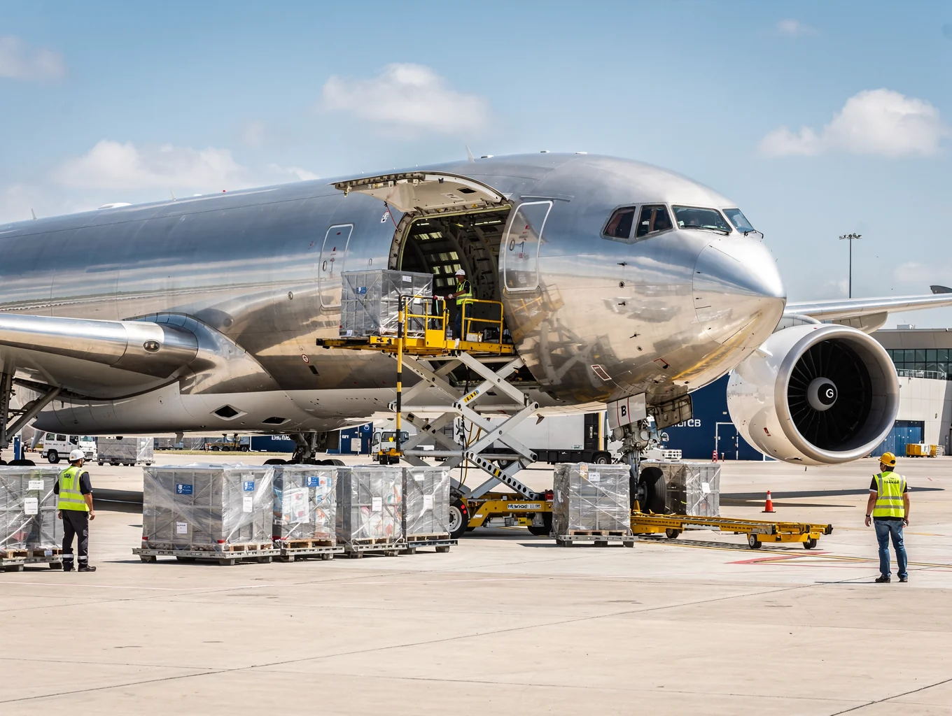 Air cargo plane being loaded with freight containers