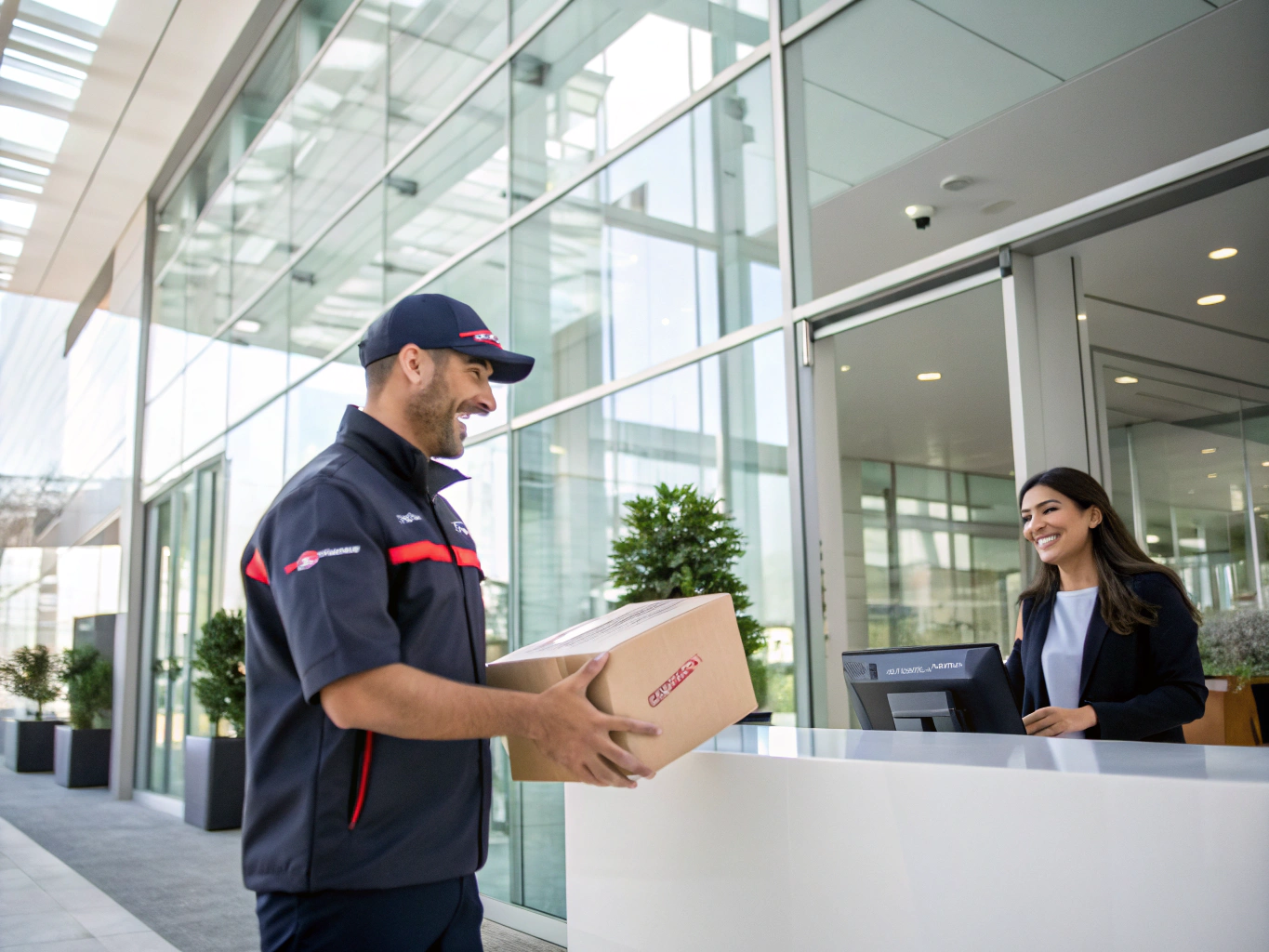 Courier handing parcel to customer at commercial entrance