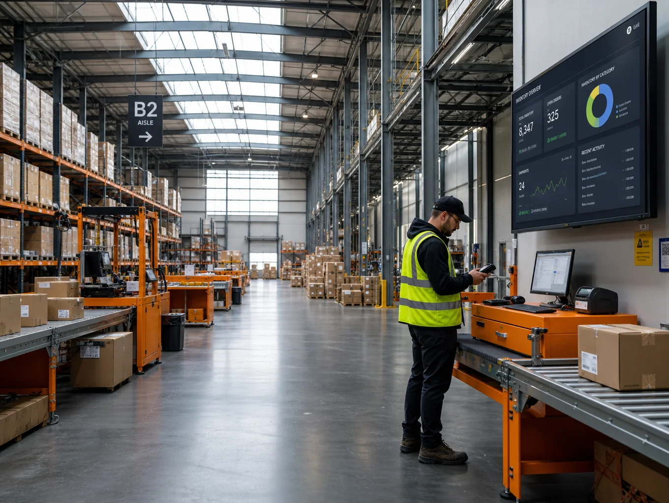 E-commerce fulfillment warehouse with barcode scanning.